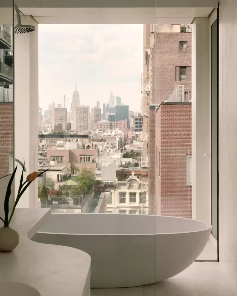 وان حمام بیضی زیبا با پنجره ای در کنار آن رو به منهتن