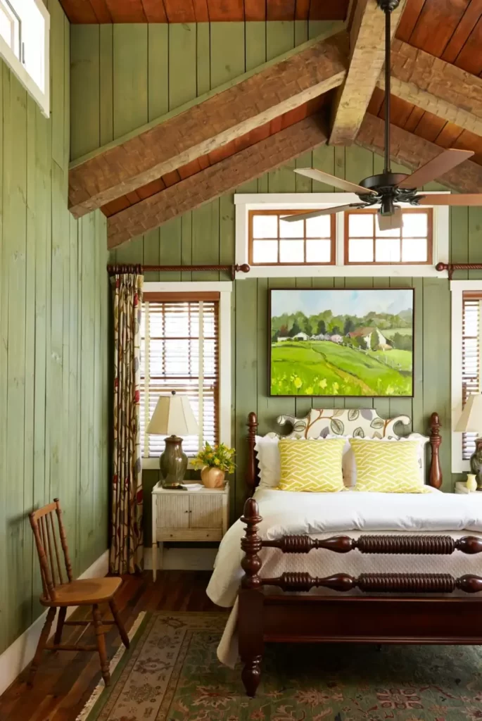 طراحی اتاق خواب اب دیوارهای چوبی نقاشی شده